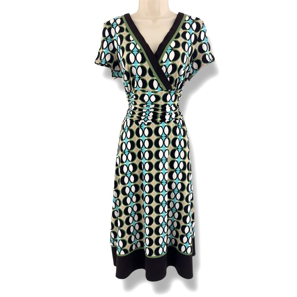 Dressbarn Surplice Neck Ruched Waist Geometric Print‎ Midi Dress Size 12 Summer